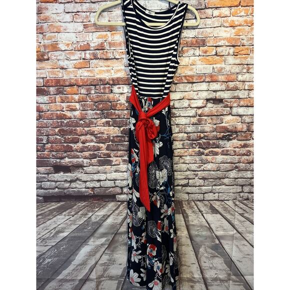 Egy Blue Red Striped Maxi Sleeveless Dress Floral Women’s Size Small - Picture 1 of 7